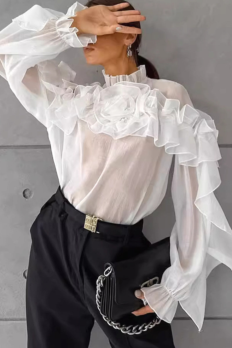 French Style Summer Sheer Collar Blouse with Ruffles