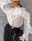 French Style Summer Sheer Collar Blouse with Ruffles