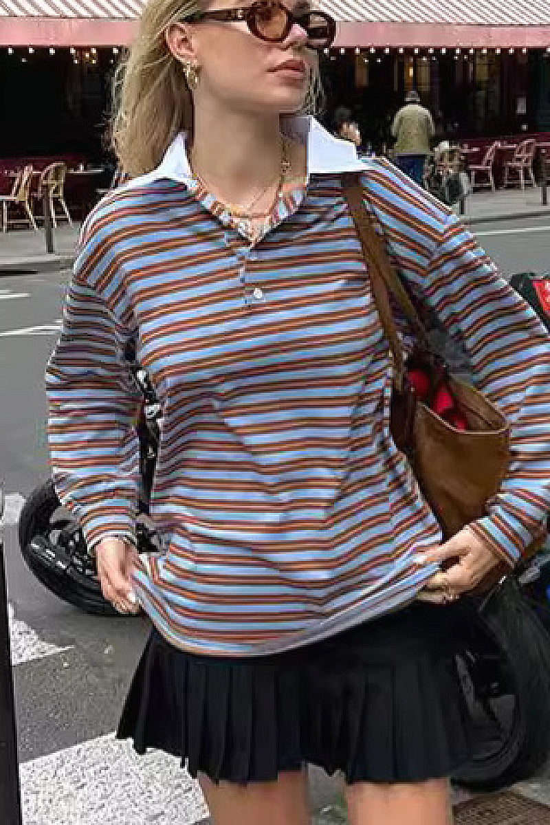V-Neck Color Block Striped Long Sleeve T-Shirt