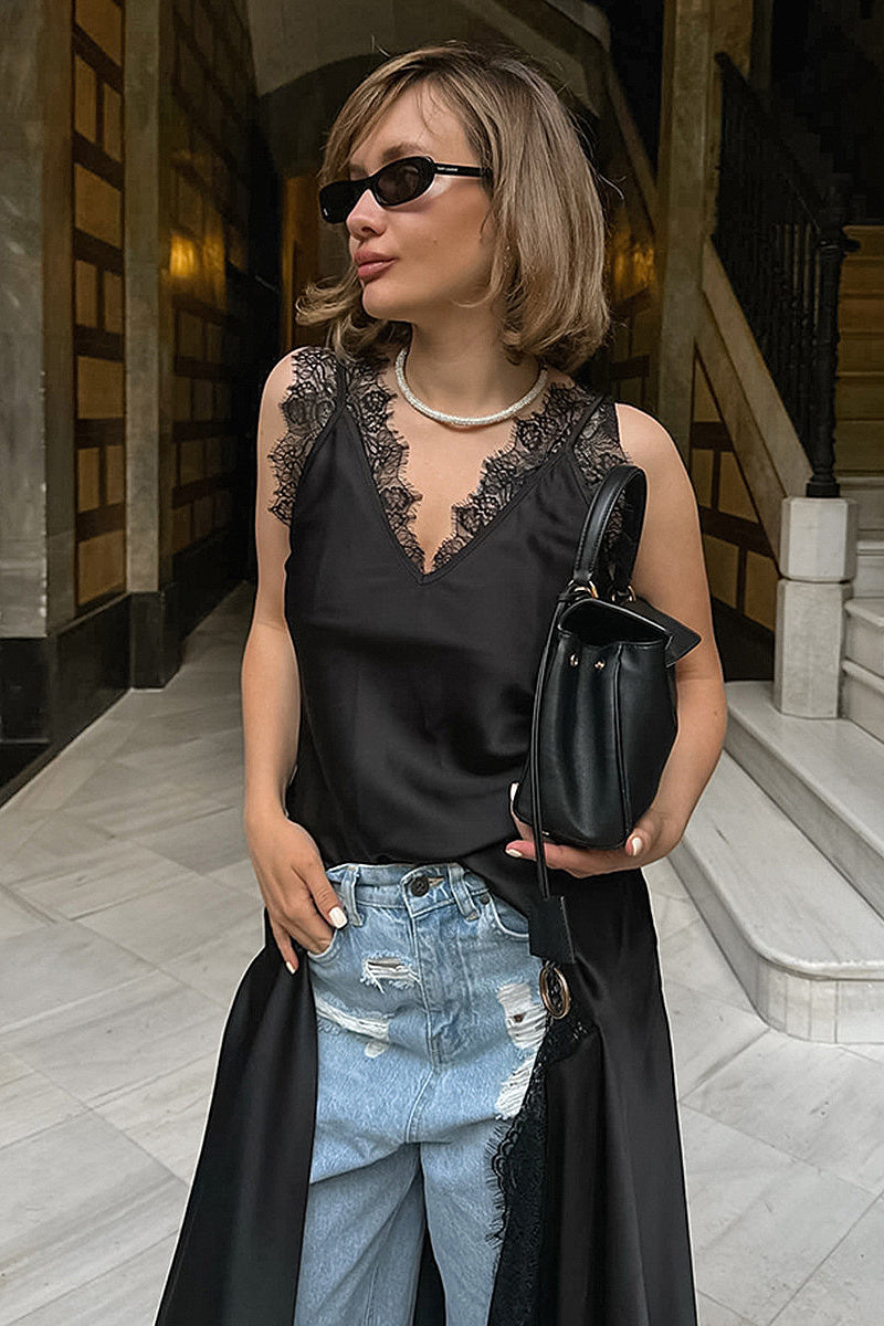 Spring Sexy Black Lace Dress with Satin V-Neck