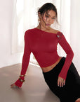 Retro Burgundy Rose Off-Shoulder T-Shirt for Women