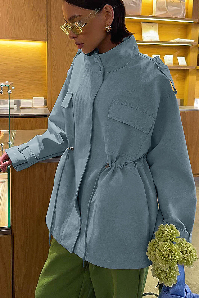 Cotton High Neck Drawstring Long Sleeve Jacket for Women