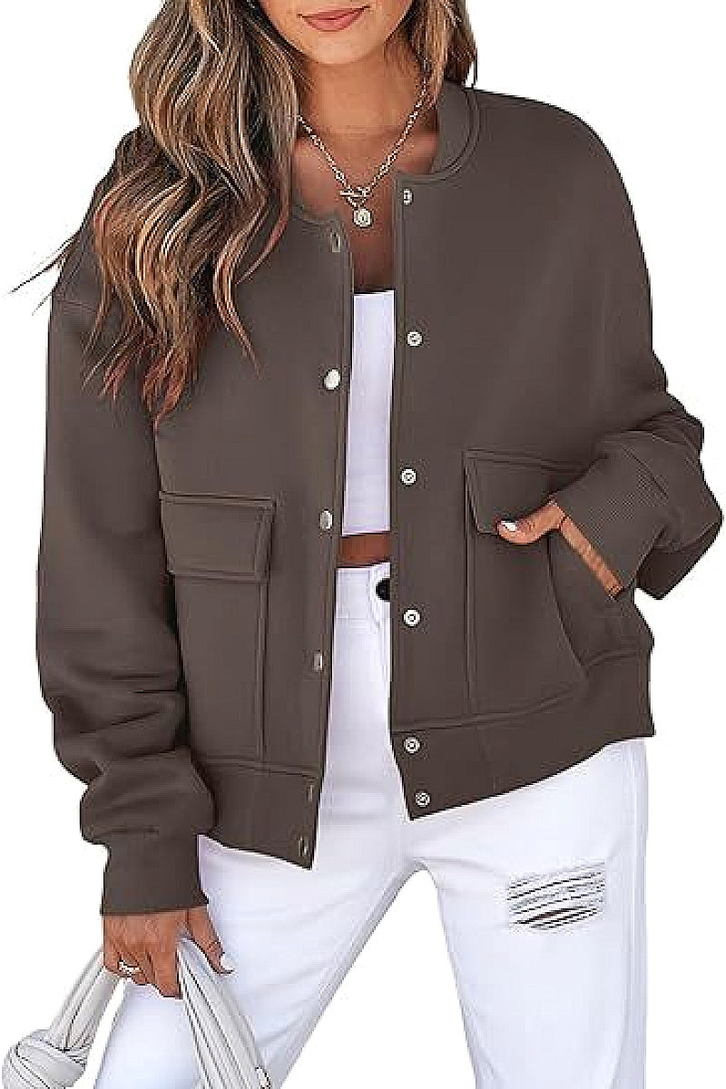 Fashionable Round Neck Short Jacket with Pockets