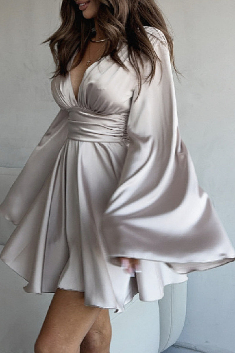 Elegant French Satin Long Sleeve Dress with V-Neck