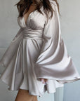 Elegant French Satin Long Sleeve Dress with V-Neck