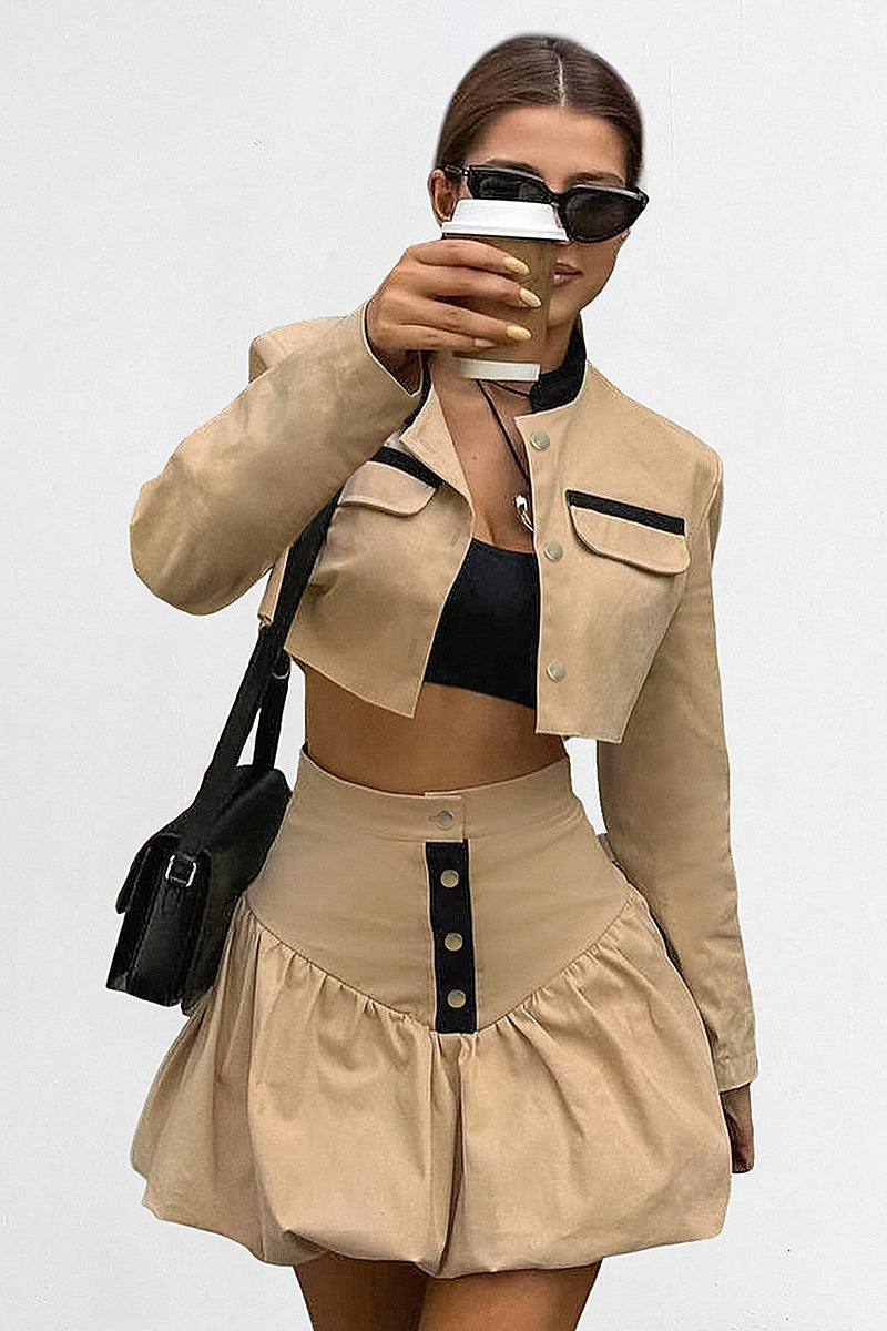 Chic Khaki Two-Piece Suit with Skirt and Jacket