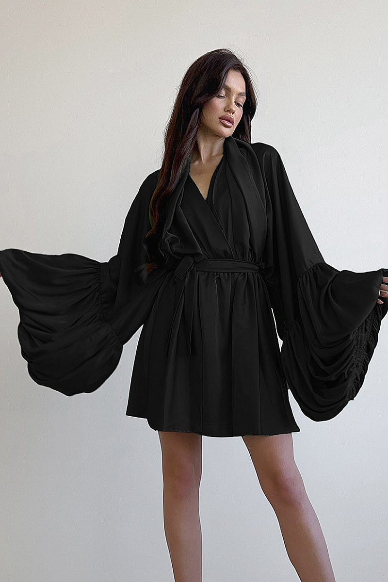 V-Neck Tie Waist Puff Sleeve Dress