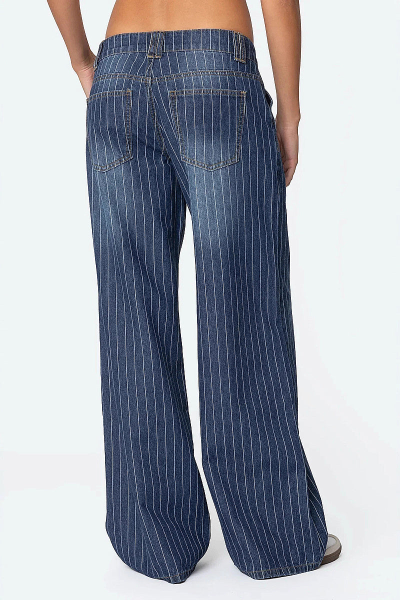 Blue Striped Loose Fit Wide Leg Jeans