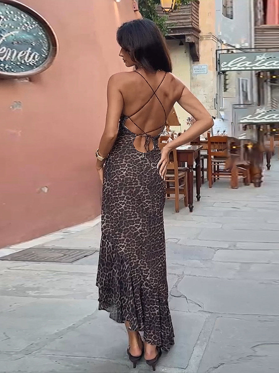 Summer Sexy Backless Leopard Print Ruffle Dress