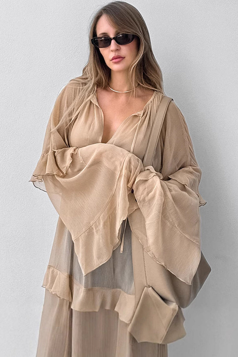 Khaki Ruffle Sleeve Maxi Dress for Spring and Summer