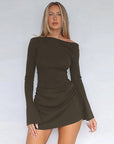 Off Shoulder Long Sleeve Drawstring Mini Dress