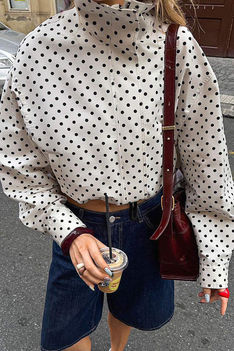 Chic White Polka Dot Stand Collar Jacket for Women