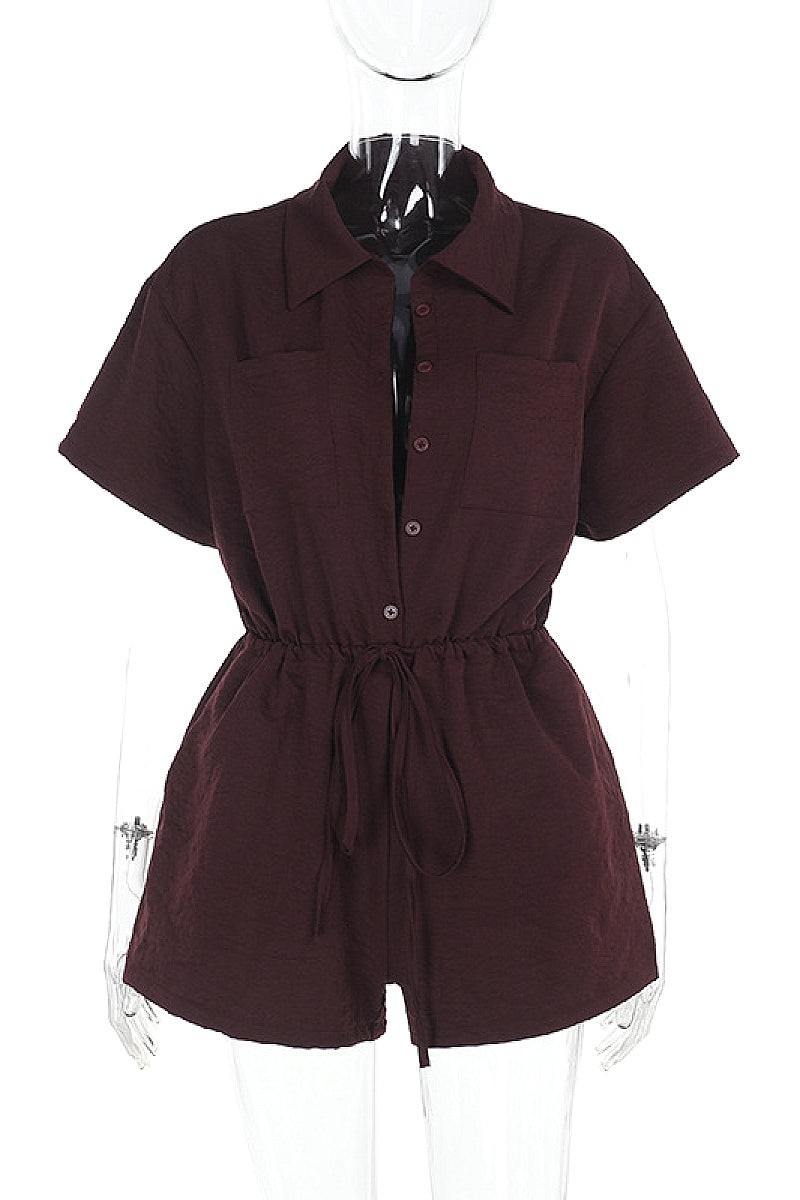 Solid Color Short Sleeve Jumpsuit with Shirt Collar