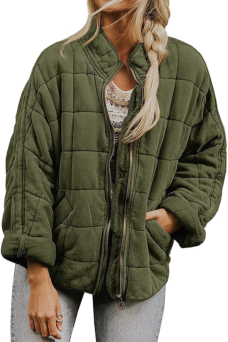 Solid Color Stand Collar Cotton Jacket for Women