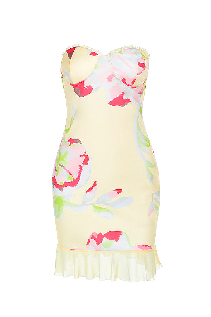 Spring Floral Print Strapless Bodycon Dress