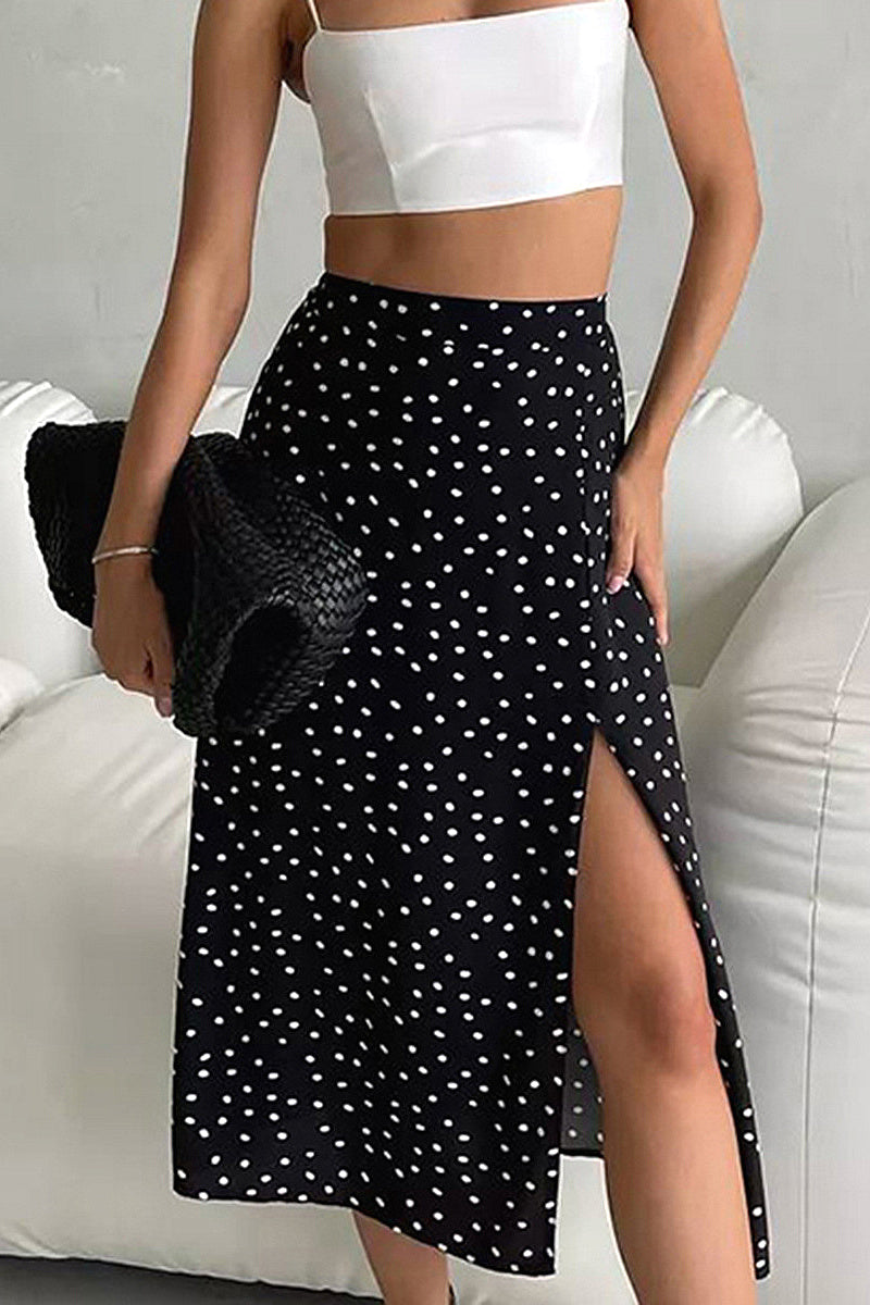 French Vintage Black Polka Dot Midi Skirt