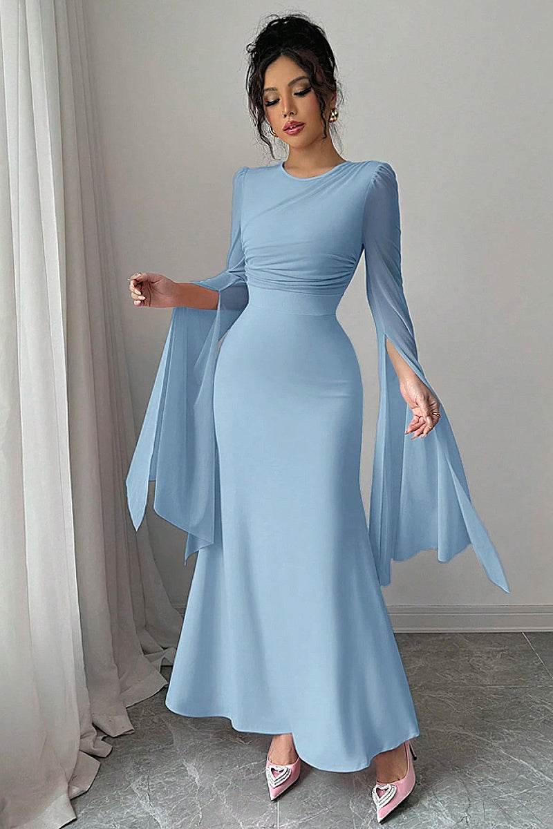 Summer Spliced Mesh Long Dress with Flare Sleeves