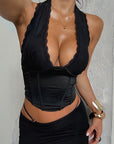 Sexy Deep V Neck Black Halter Top for Women