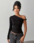 Trendy One-Shoulder Black Long Sleeve Top