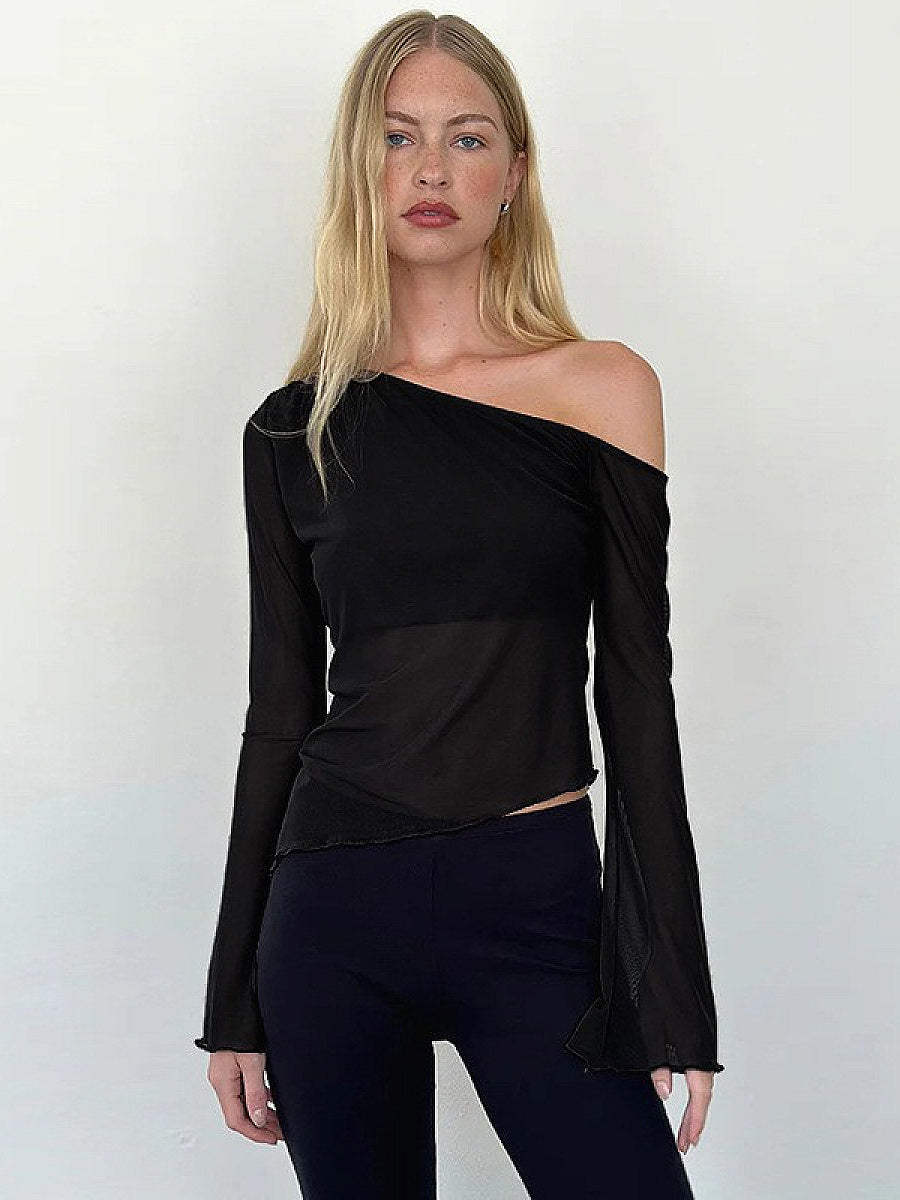 Fashionable Casual Sheer Shoulder Long Sleeve Top