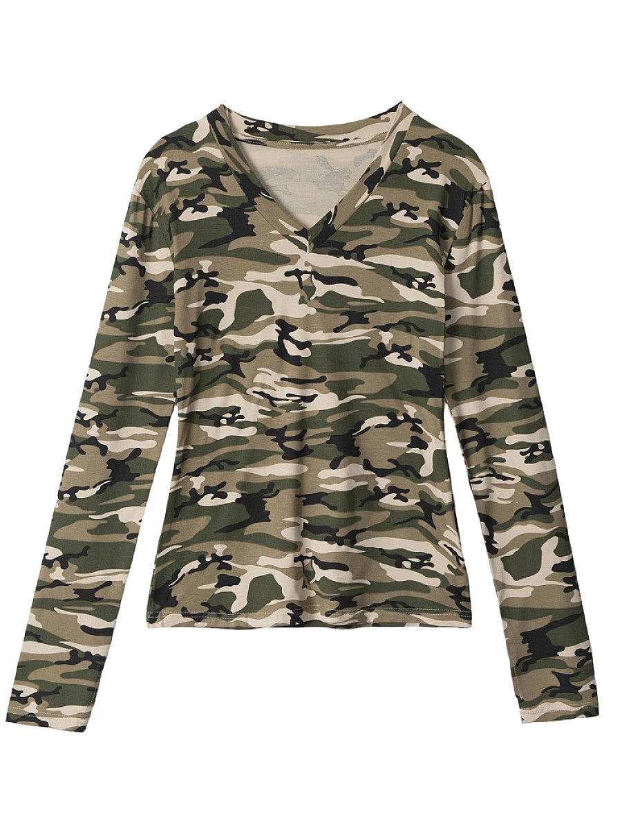 HeyHenry Camouflage V-Neck Long Sleeve Top