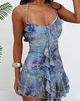 Sexy Floral Ruffle Neck Backless Mini Dress