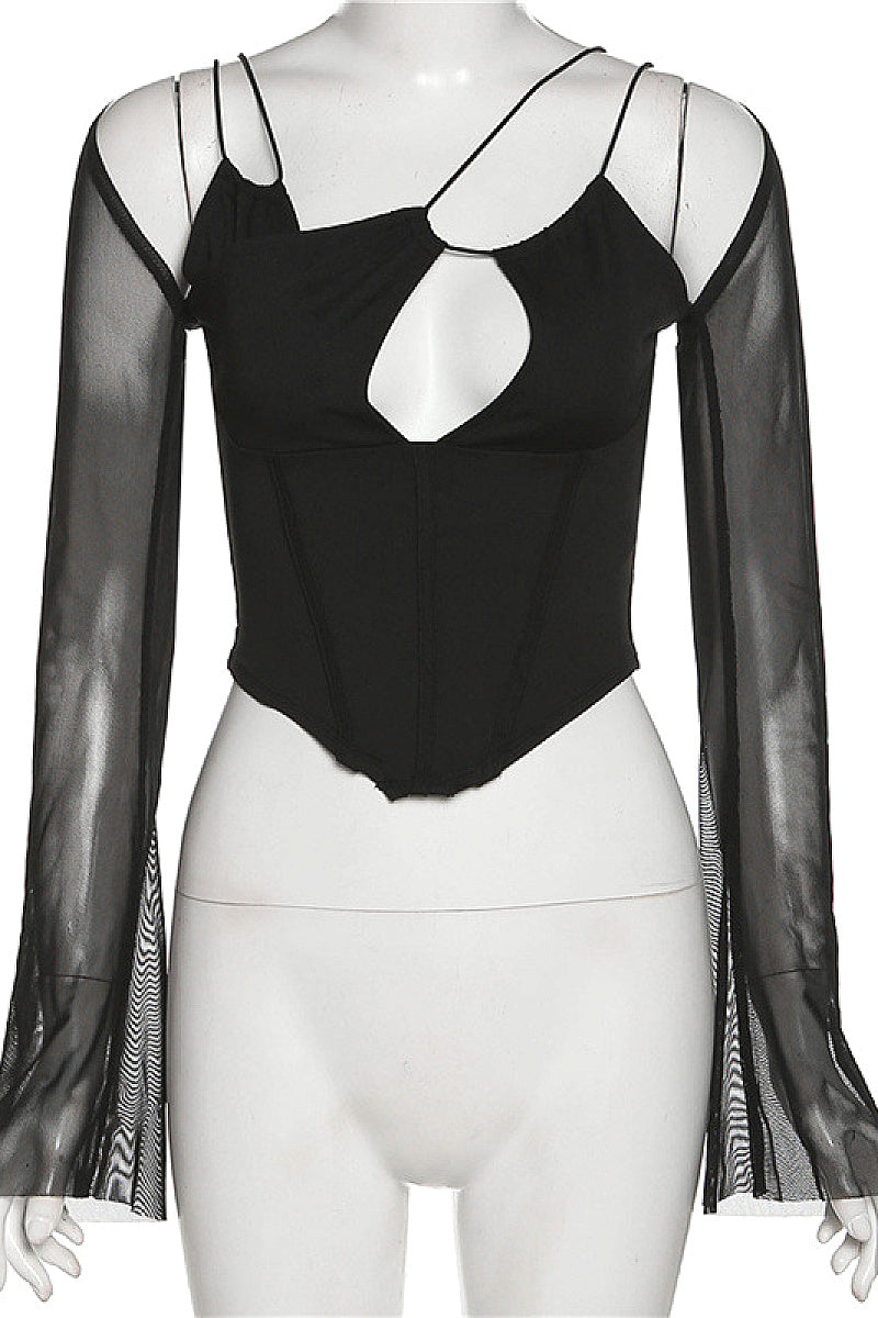 New Women's Sheer Patchwork Long Sleeve Top