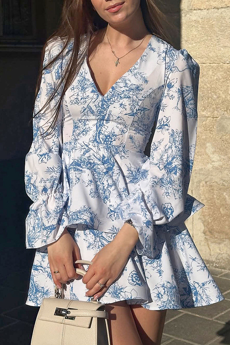 Elegant V-Neck Floral Long Sleeve Dress