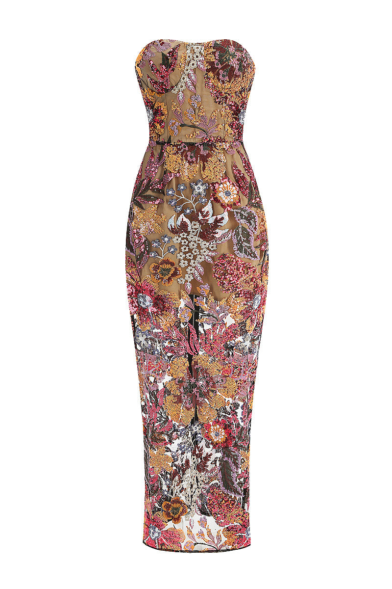 Elegant Embroidered Sequin Flower Strapless Dress