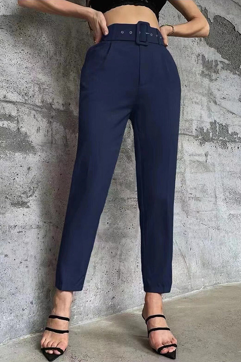 Casual High Waist Straight Leg Pants with Belt