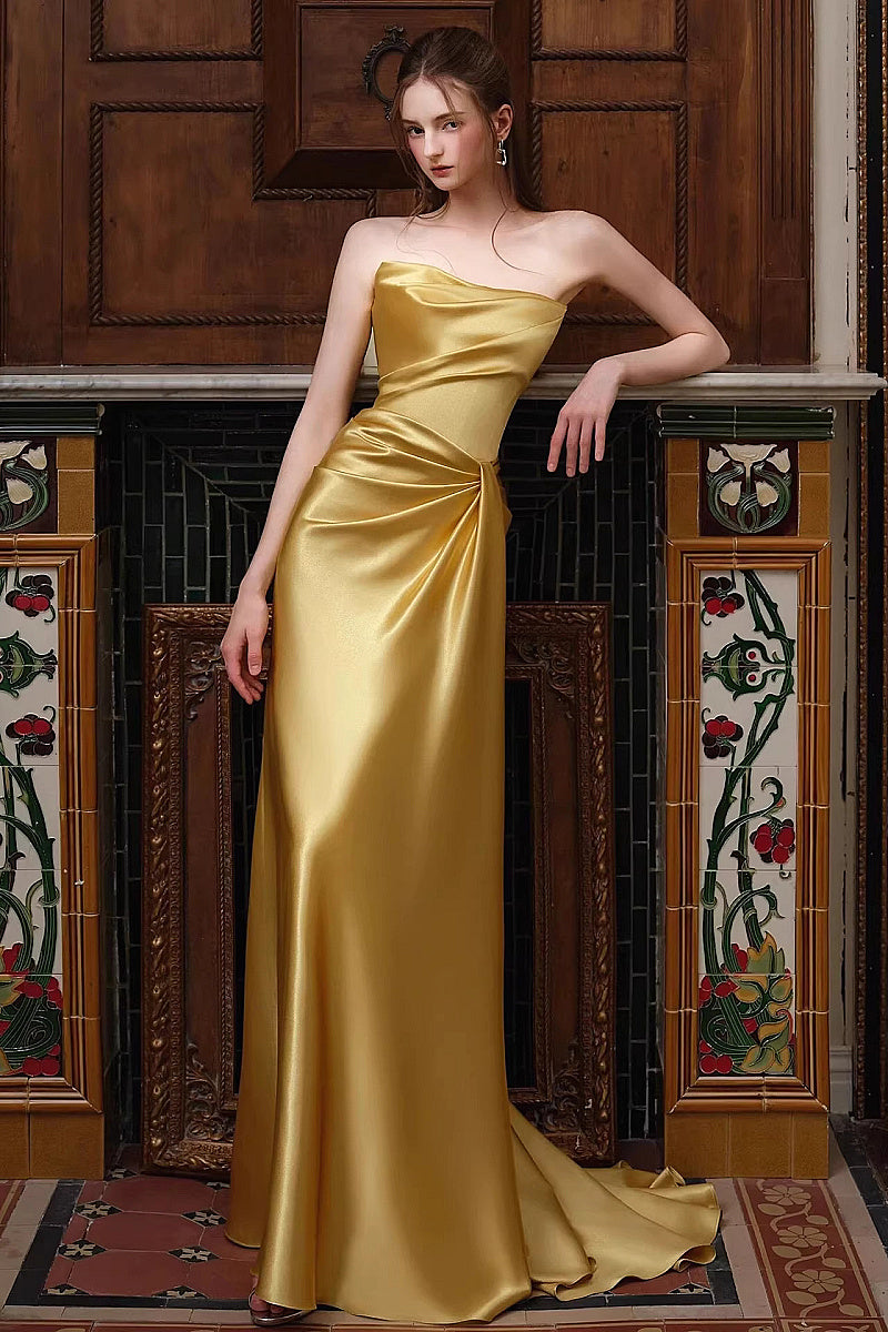 Elegant Gold Strapless Evening Gown for Women
