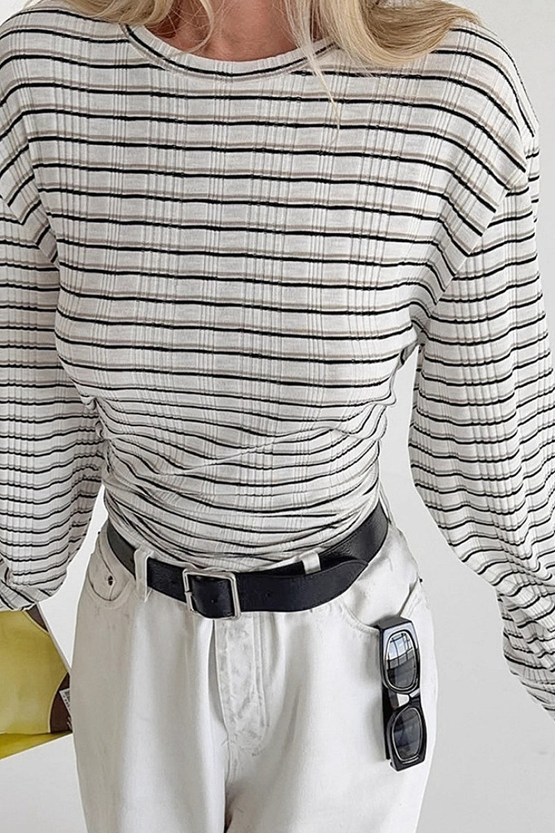French Vintage Mustard Green Striped Knit T-Shirt