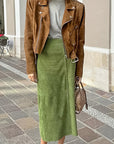 Avocado Green Suede Midi Skirt for Women