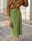 Avocado Green Suede Midi Skirt for Women