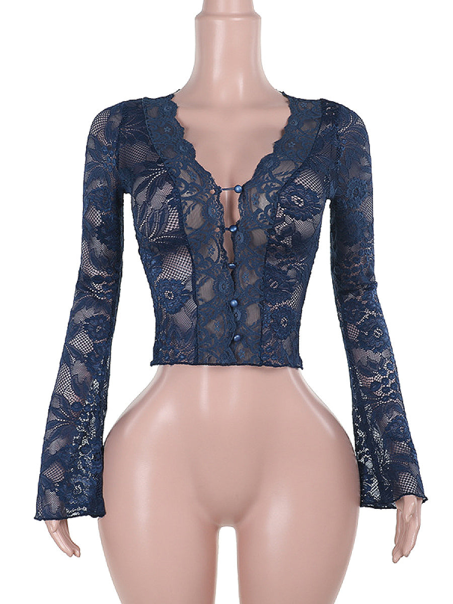 Chic Women's V-Neck Lace Long Sleeve Top