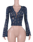 Chic Women's V-Neck Lace Long Sleeve Top