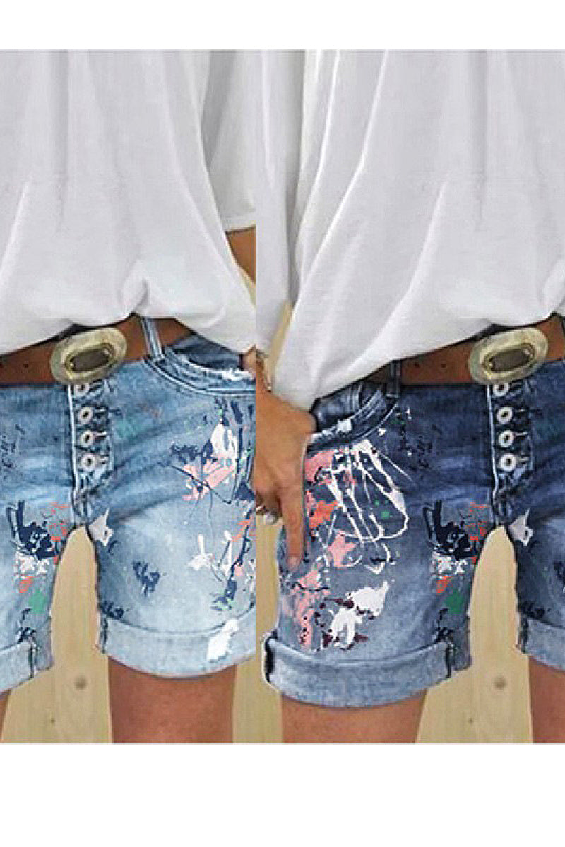 High-Waisted Elastic Printed Denim Shorts