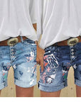 High-Waisted Elastic Printed Denim Shorts