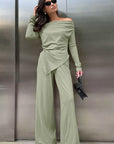 Off Shoulder Knit Set with Long Pants