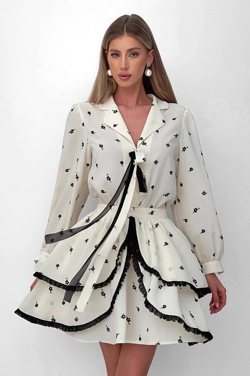 French Ruffle Floral Chiffon Dress for Women