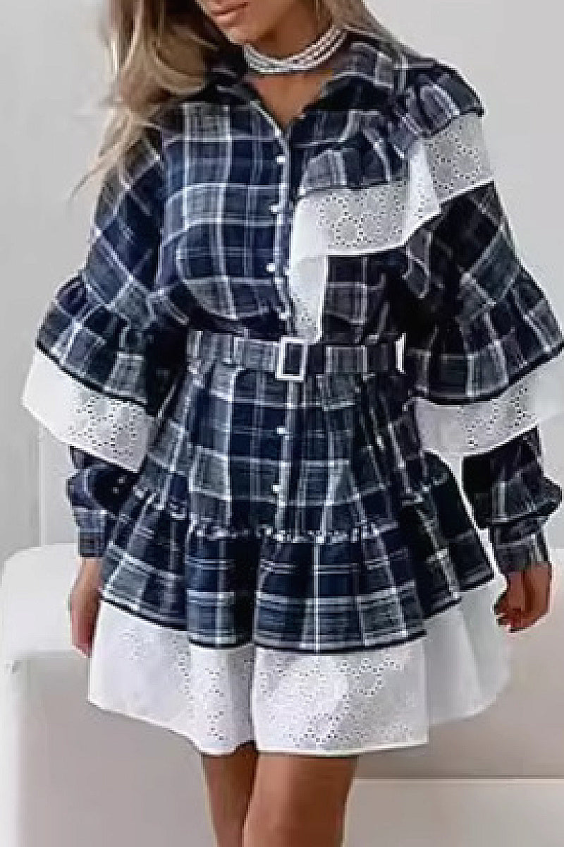New Plaid Long Sleeve Dress with Ruffle Hem