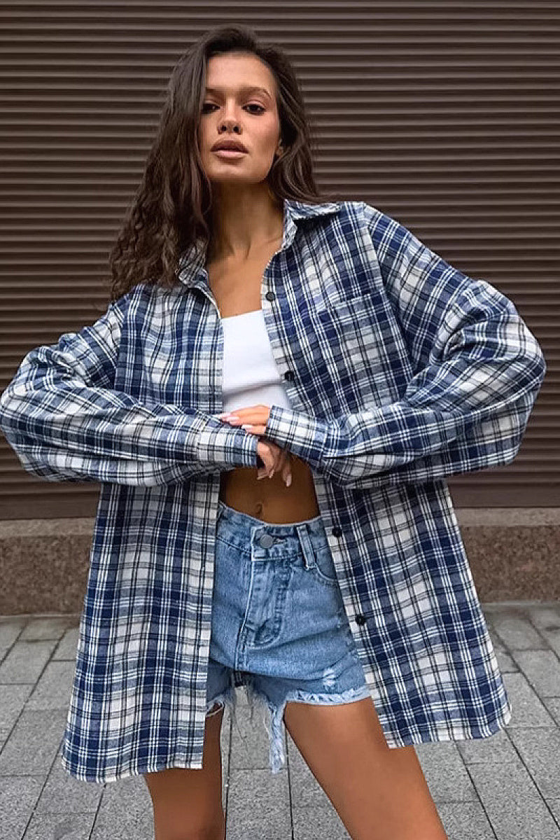 Casual Blue Plaid Shirt for Women