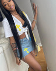High Waist Denim Fringe Skirt with Embroidery