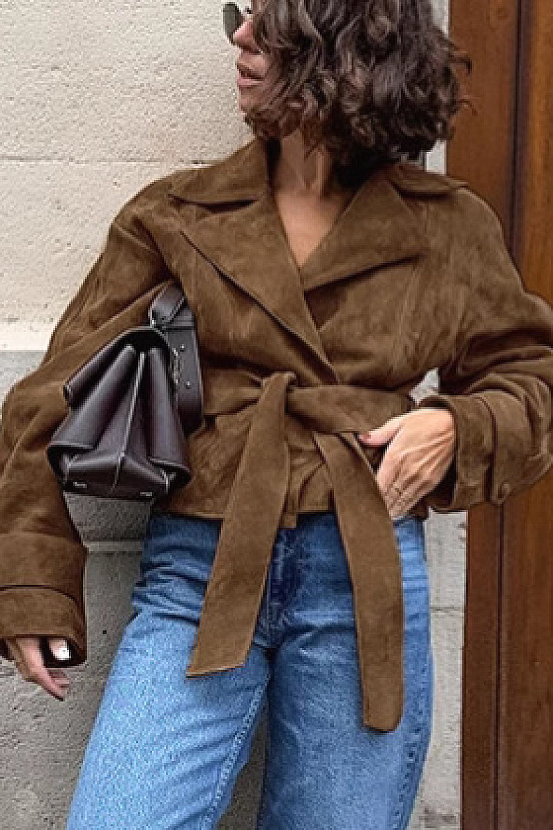 Suede Waist Tie Coat for Women