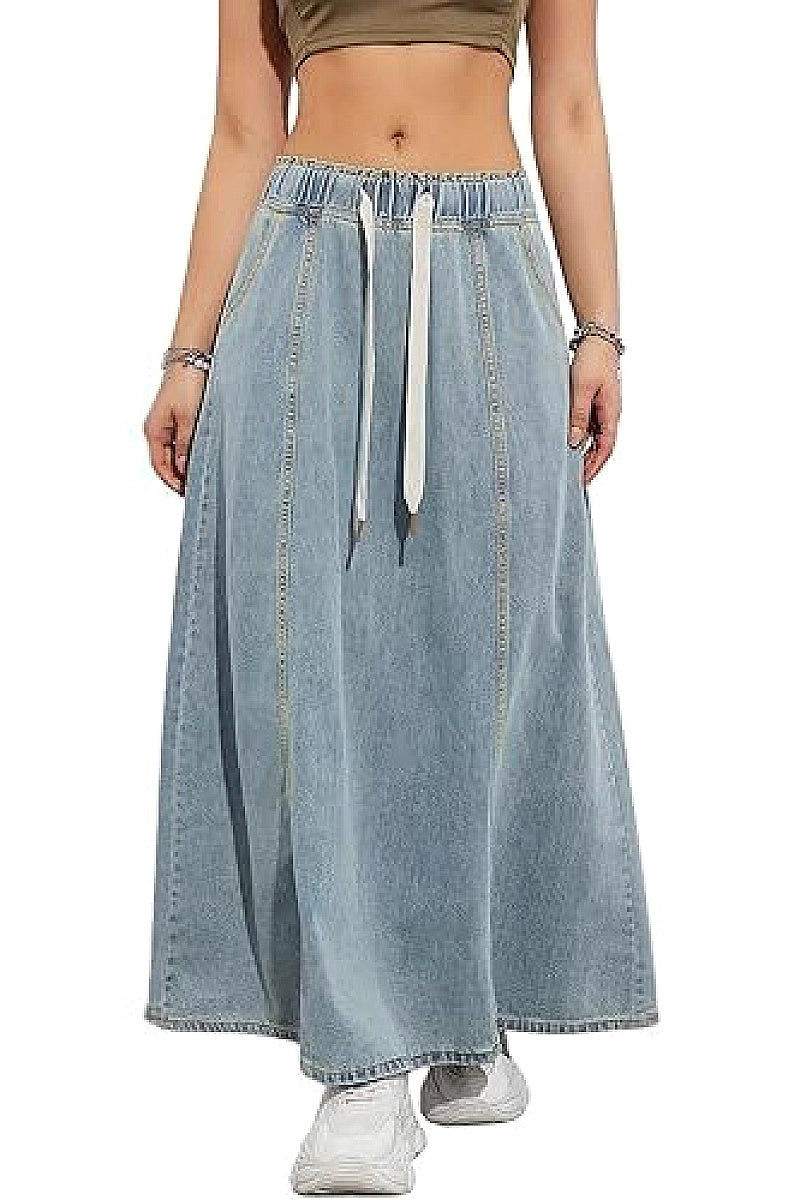 Casual Loose Fit Denim Maxi Skirt for Women