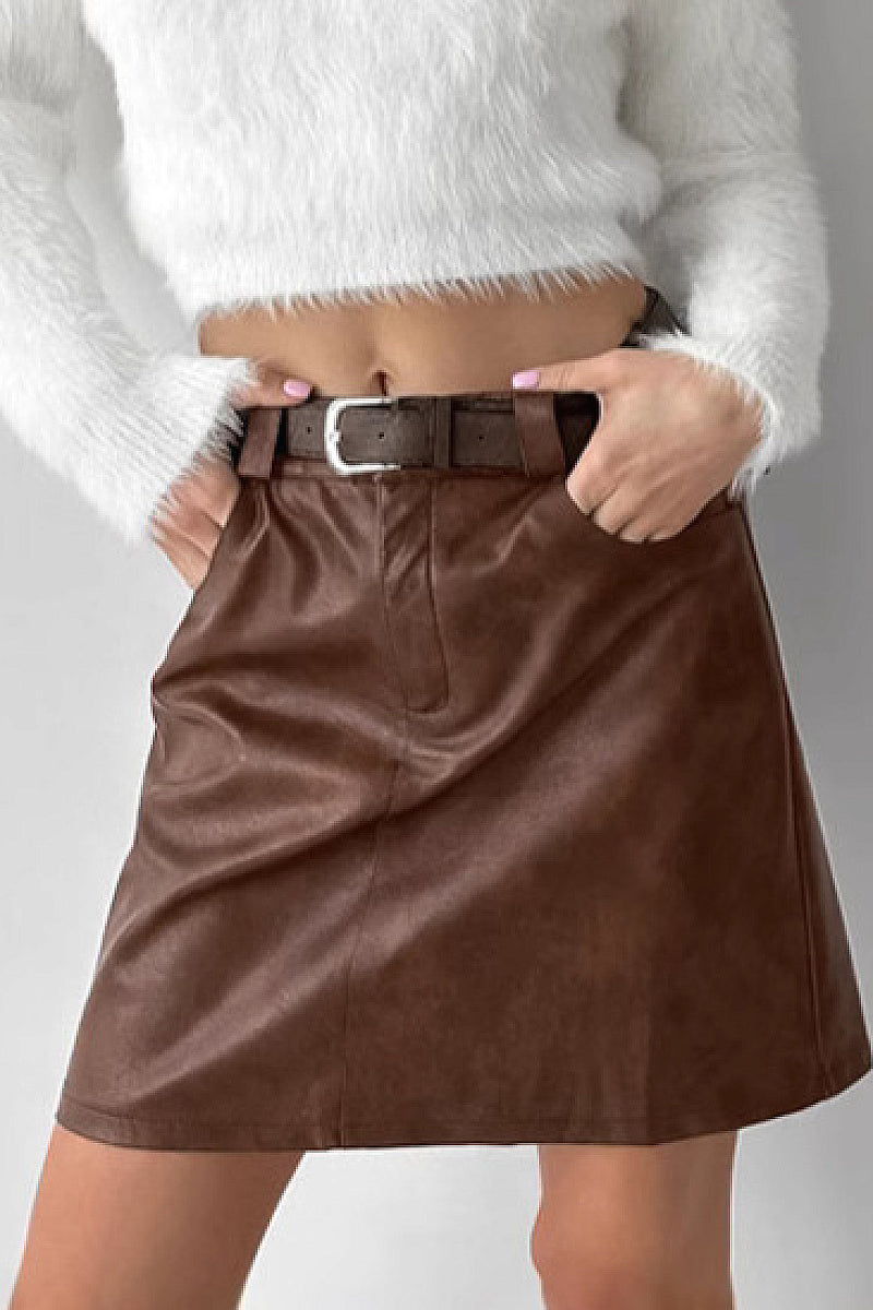 Cognac Faux-Leather Pencil Skirt