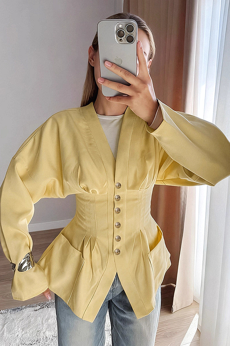Stylish French Waist-Defined V-Neck Shirt for Women