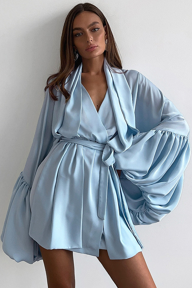 V-Neck Tie Waist Puff Sleeve Dress