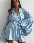 V-Neck Tie Waist Puff Sleeve Dress