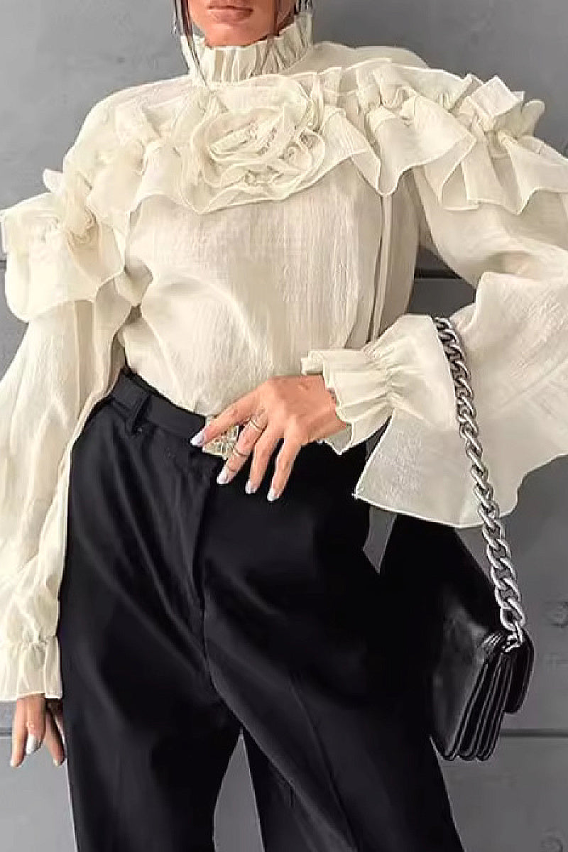 French Style Summer Sheer Collar Blouse with Ruffles
